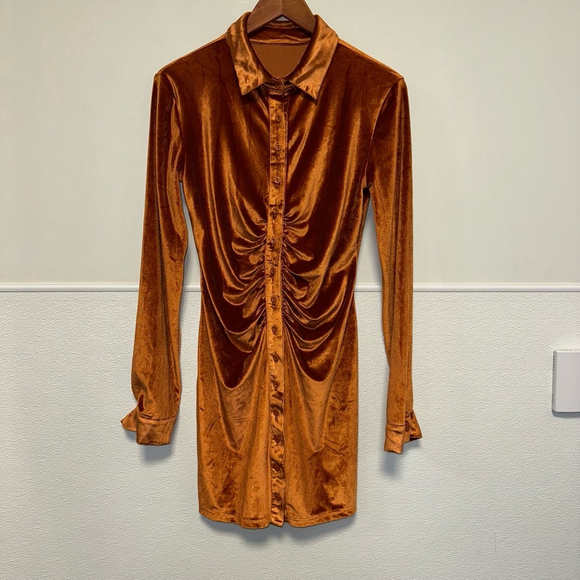Women’s Long Sleeve Bodycon Dress Turn-Down Collar Velvet Ruched Rust Orange M - Picture 8 of 12
